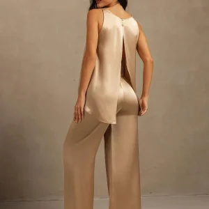 Seda Pura Sin Mangas Escote En U Espalda Descubierta High Low Top Y Pantalón De Pierna Ancha Set