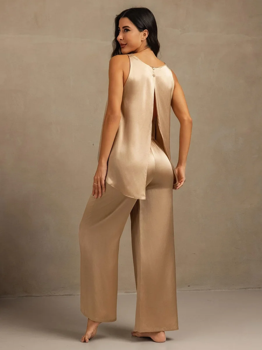 Seda Pura Sin Mangas Escote En U Espalda Descubierta High Low Top Y Pantalón De Pierna Ancha Set - Imagen 2