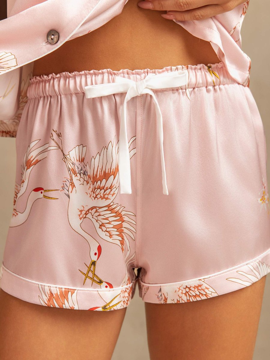 19Momme Conjunto De Pijama Para Mujer En Seda Pura Manga Corta Cuello Notch Estampado De Grulla - Imagen 6