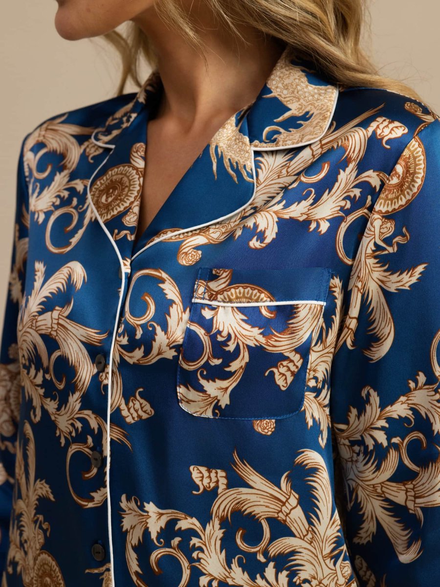 Pijama Mujer Seda Pura Manga Larga Cuello Notch Con Pantalón Estampado Dragón - Imagen 8