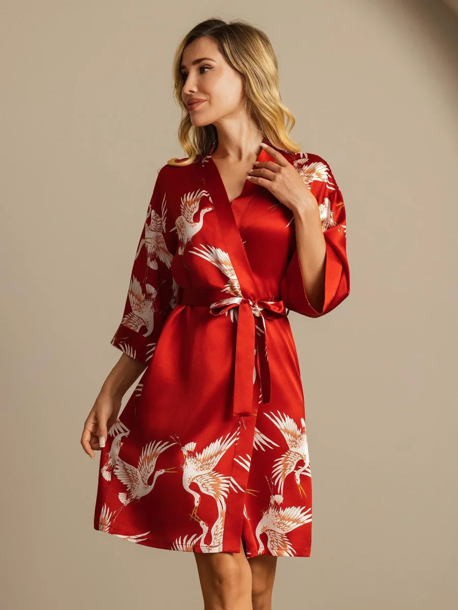 19Momme Seda Pura Kimono Bata Envolvente Con Cinturón para Mujer Estampado de Grulla - Imagen 7