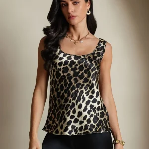Top De Seda Para Mujer 19Momme Sin Mangas Con Cuello En U Y Estampado De Leopardo