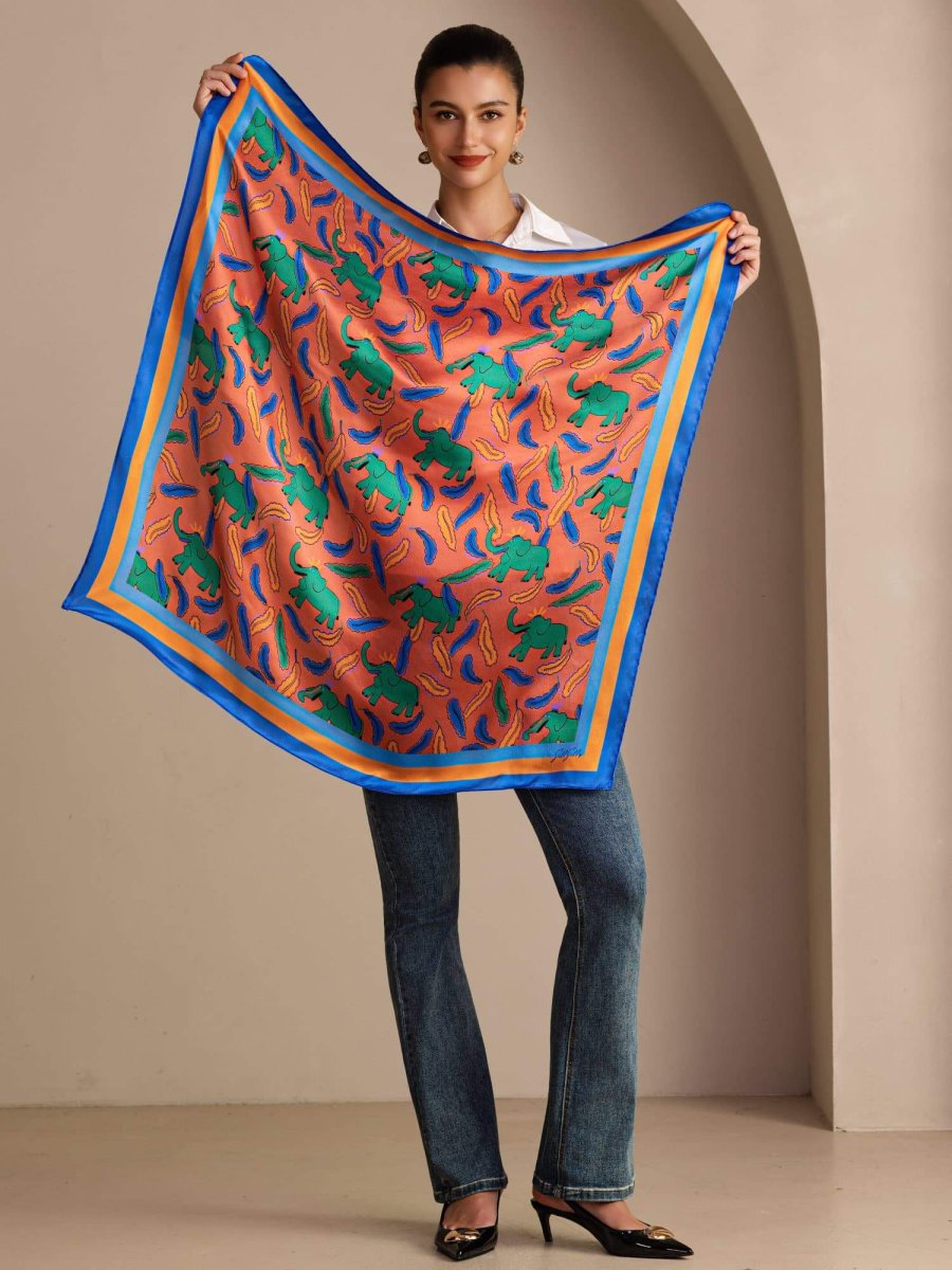 Pañuelo De Seda De Morera 100 Por Ciento Con Estampado De Elefante Tamaño 90 x 90 cm - Imagen 6