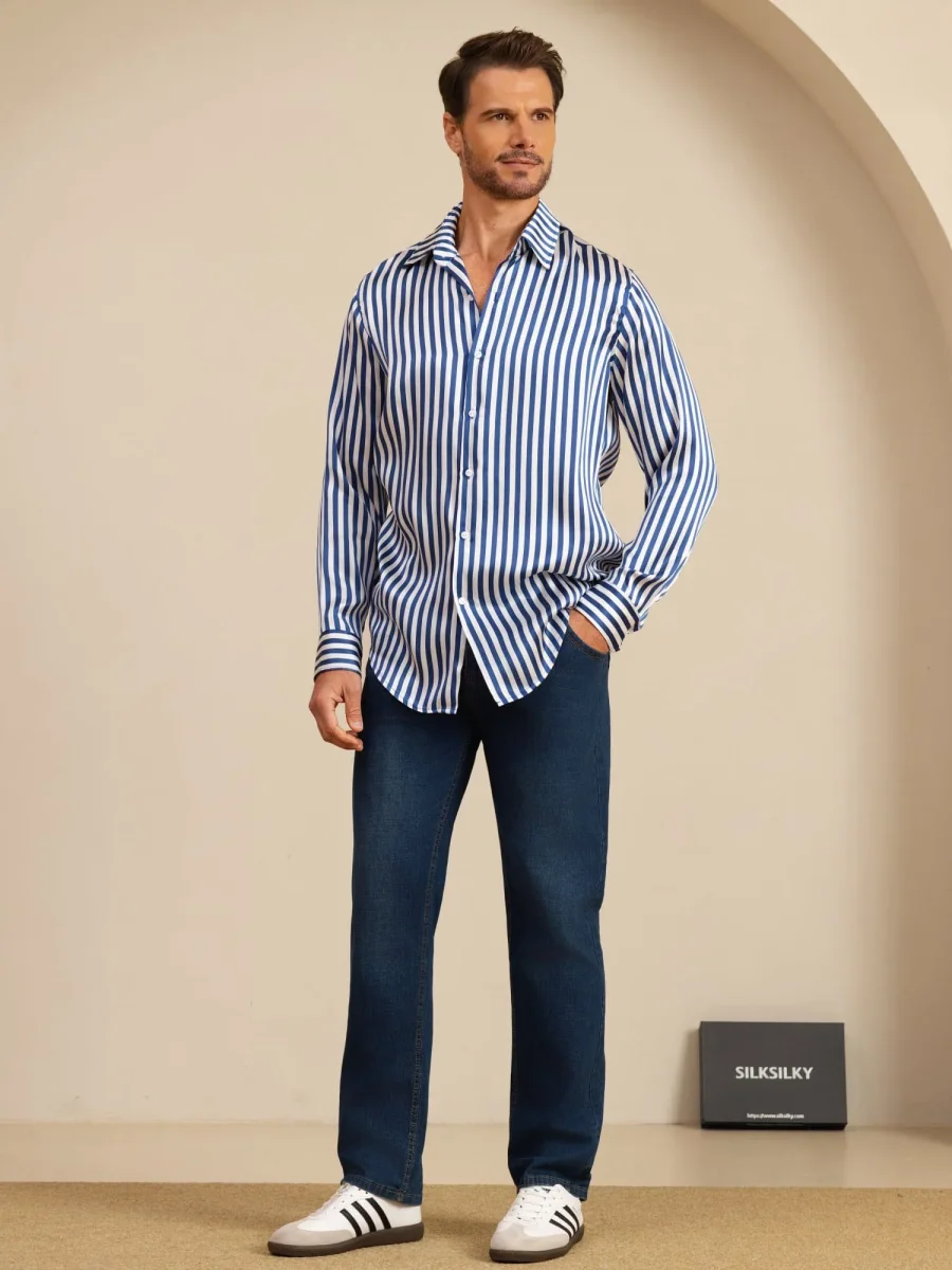 19Momme Seda Hombre Manga Larga Cuello Solapa Estampado Rayas Camisa - Imagen 8