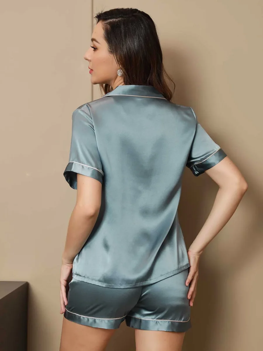 Pijama De Manga Corta De Seda 100% De Morera Para Mujer - Imagen 8