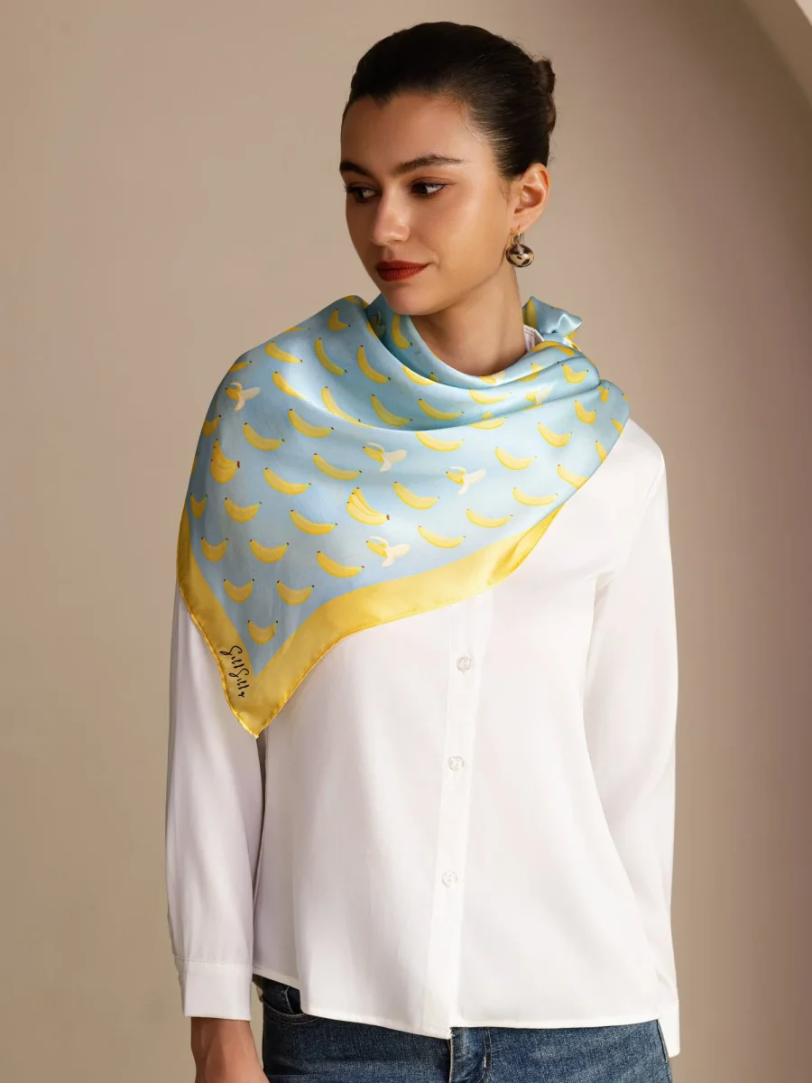 Pañuelo De Seda De Morera 100 Por Ciento Con Estampado De Banana Tamaño 90 x 90 cm - Imagen 9