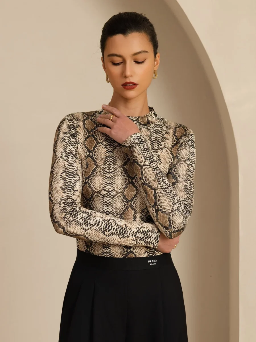 Pure Seda Mujer Estampado Animal Salvaje Manga Larga Top Cuello Alto - Imagen 6