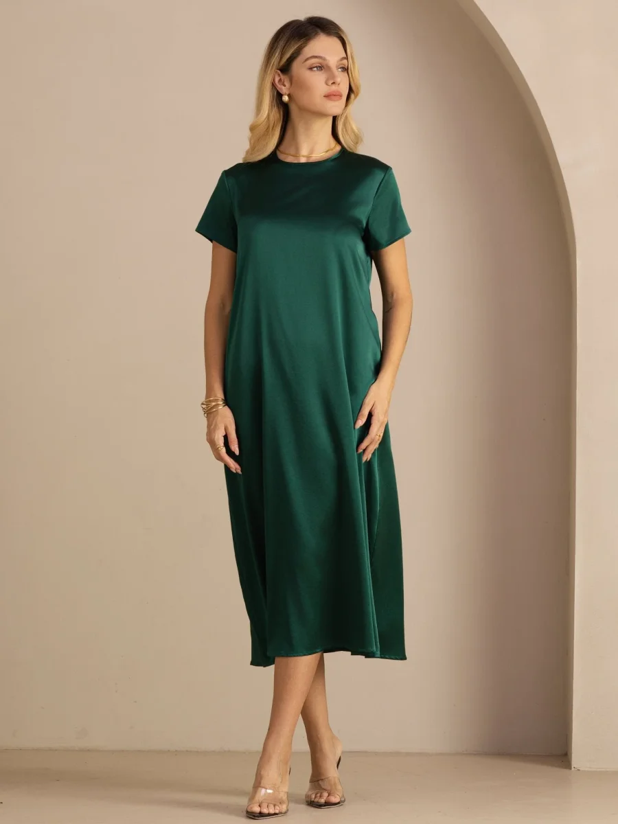 Vestido Midi de Seda de 19 Momme con Cuello Redondo Manga Corta y Bolsillos Laterales - Imagen 6