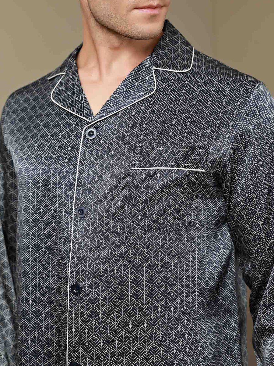 Conjunto De Pijama Para Hombre De Seda Pura Con Estampado De Ginkgo Azul Marino Manga Larga Y Pantalones - Imagen 5