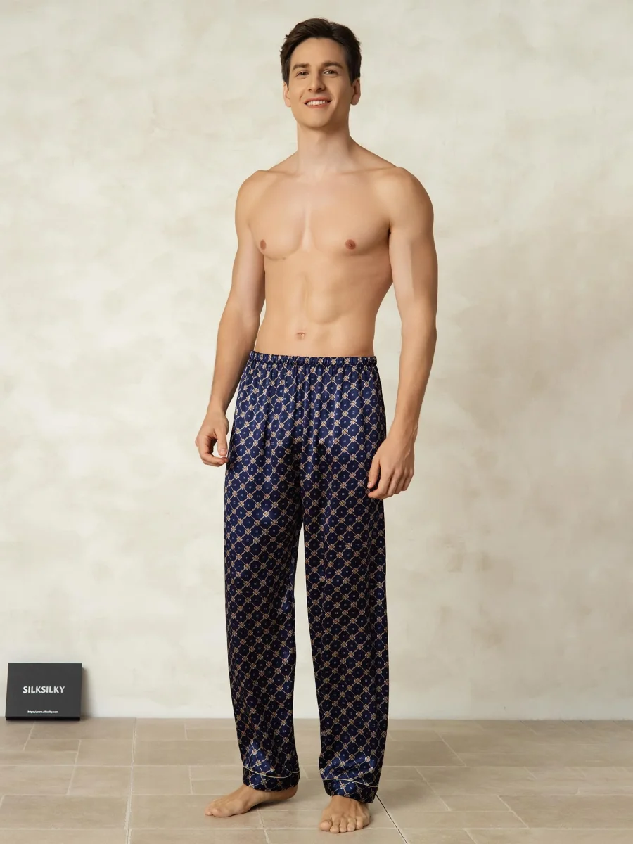 Pantalones De Dormir Para Hombre De Seda Pura Con Estampado De Cadenas Azul Marino Y Cintura Elástica - Imagen 5