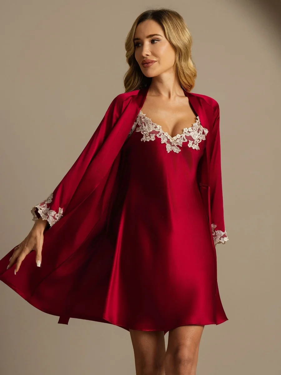 Elegante Conjunto De Camisón Y Bata De Pura Seda 2 Piezas - Imagen 8
