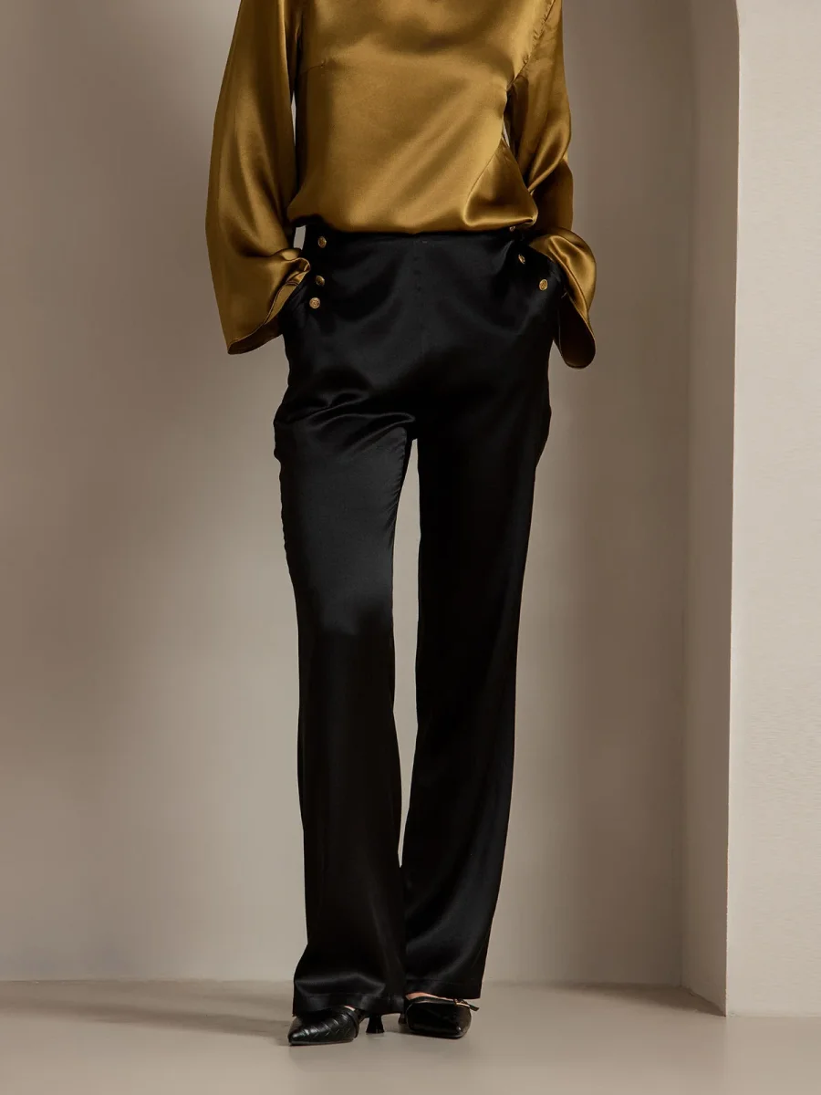 19Momme Seda Ajustado Botón Bolsillos Traje Pantalones - Imagen 5