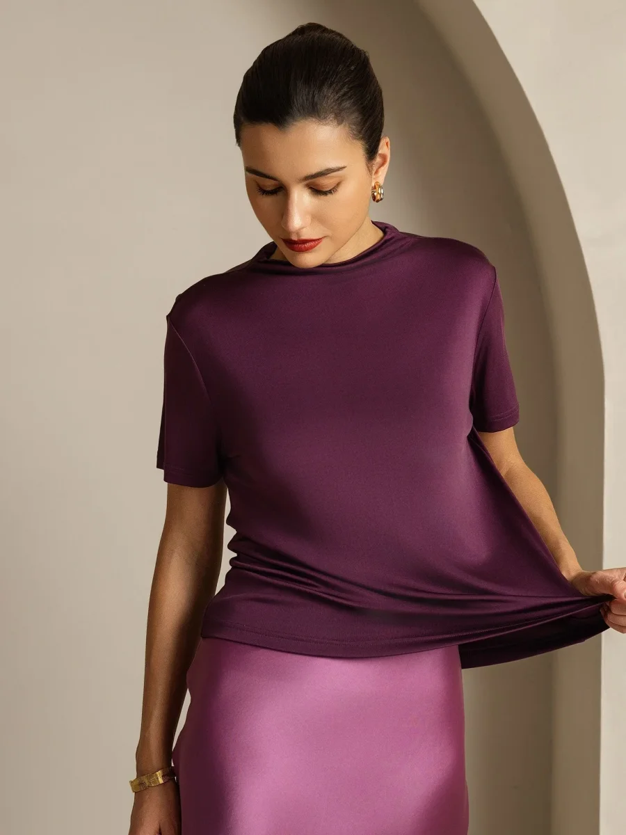 Camiseta De Mujer De Seda Pura Con Manga Corta Y Cuello Mock - Imagen 4