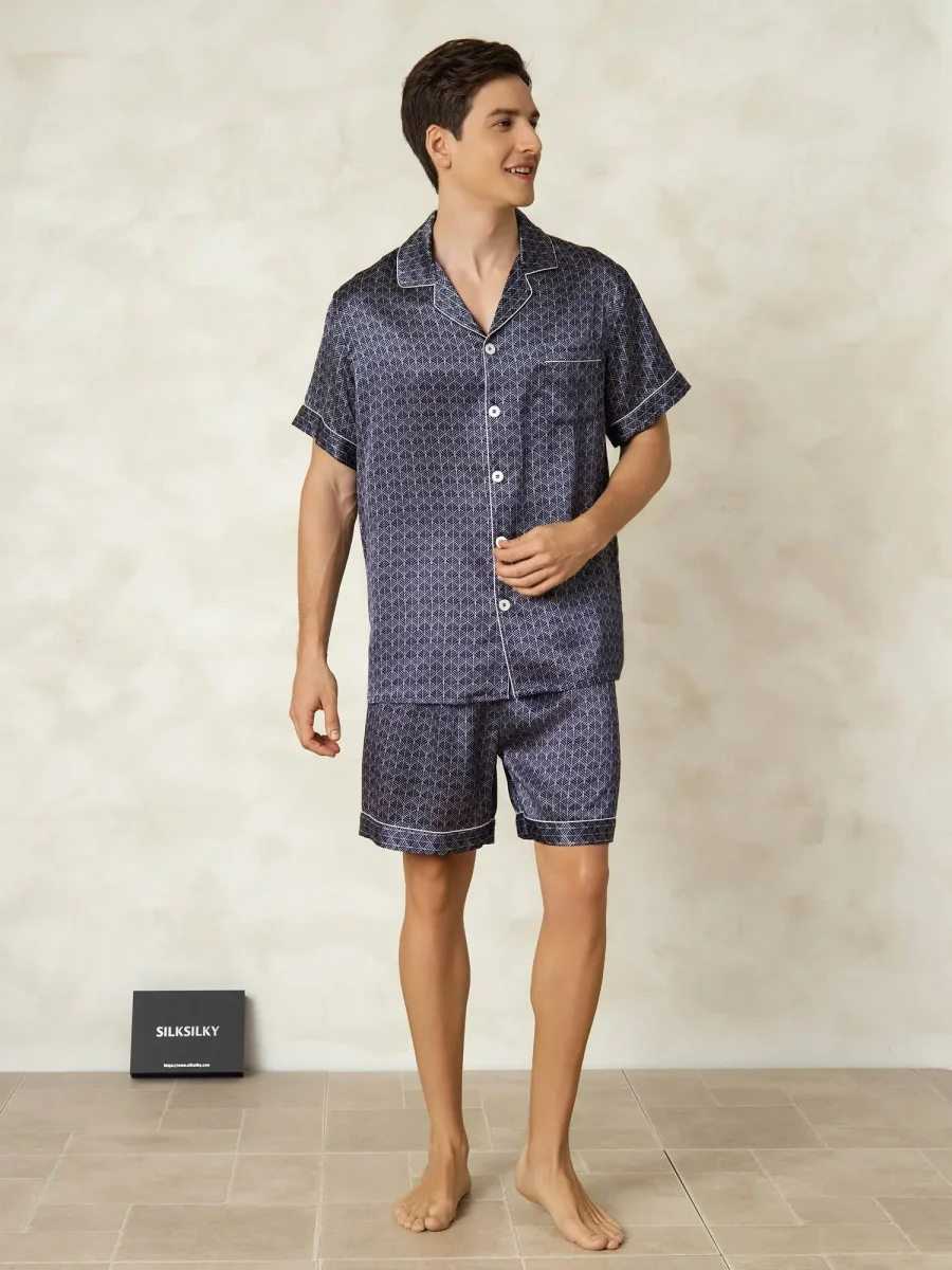 Pijama De Hombre De Seda Pura Azul Marino Con Estampado De Ginkgo De Manga Corta Y Cuello Con Solapa - Imagen 7
