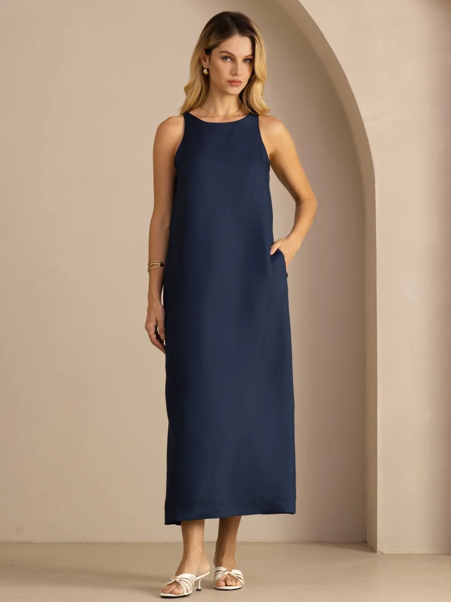 Vestido Midi Sin Mangas De Seda De Morera 100 Por Ciento Con Cuello Redondo Y Cinturón Anudable - Imagen 6