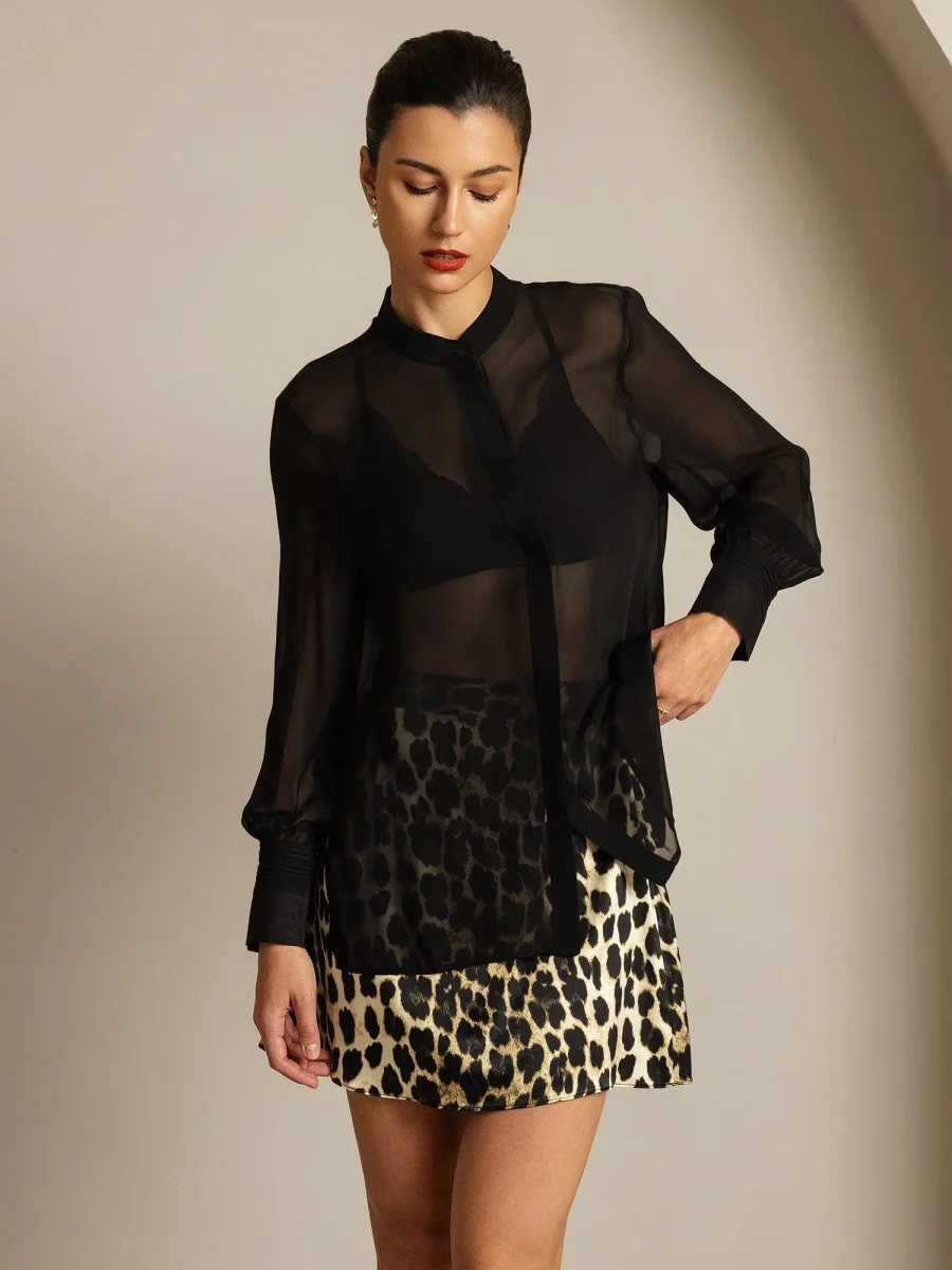 Seda Pura Blusa de Manga Larga Con Corte Transparente - Imagen 4