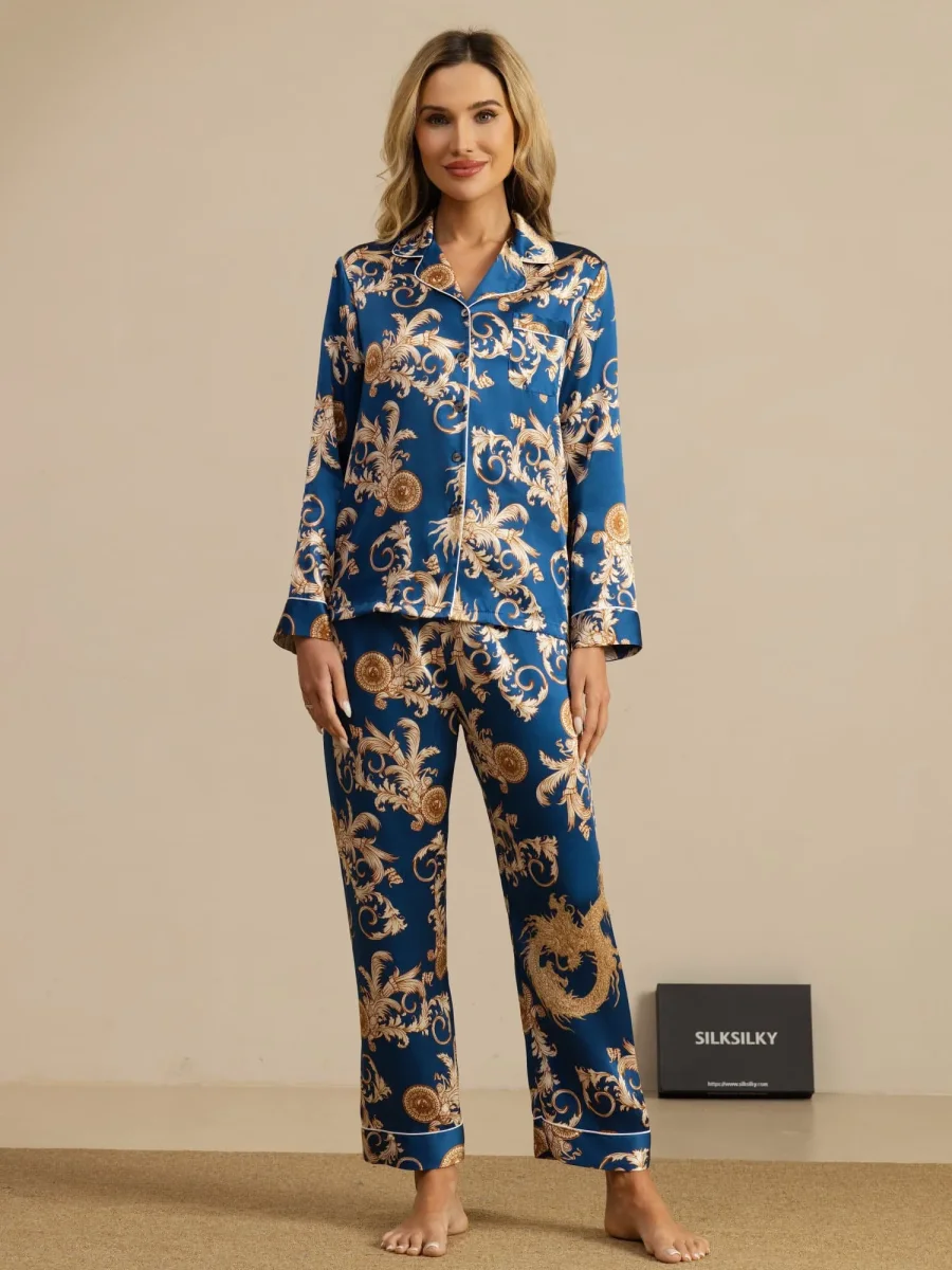 Pijama Mujer Seda Pura Manga Larga Cuello Notch Con Pantalón Estampado Dragón - Imagen 4
