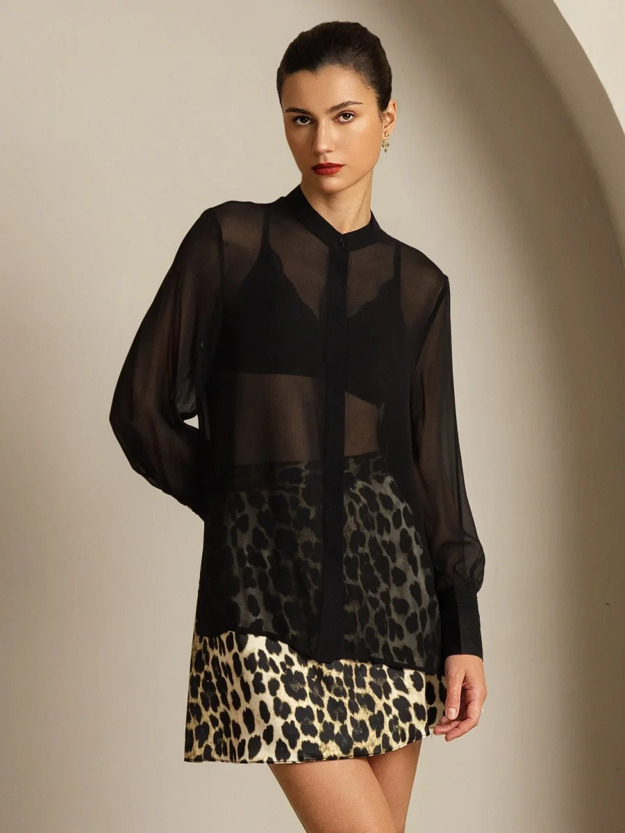 Seda Pura Blusa de Manga Larga Con Corte Transparente - Imagen 8