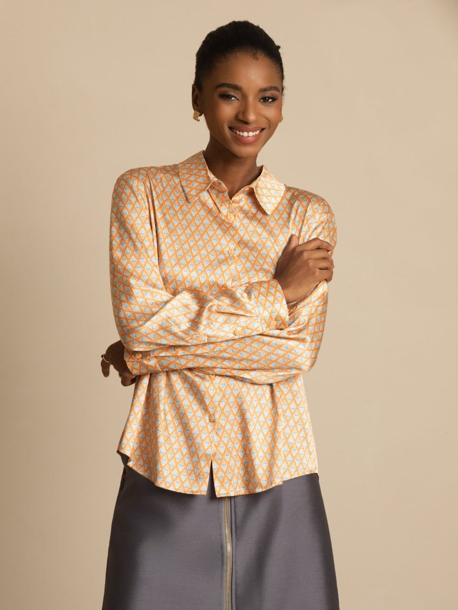 Camisa De Seda 19Momme Con Estampado Geométrico Manga Larga Y Cuello Solapa Para Mujer - Imagen 6