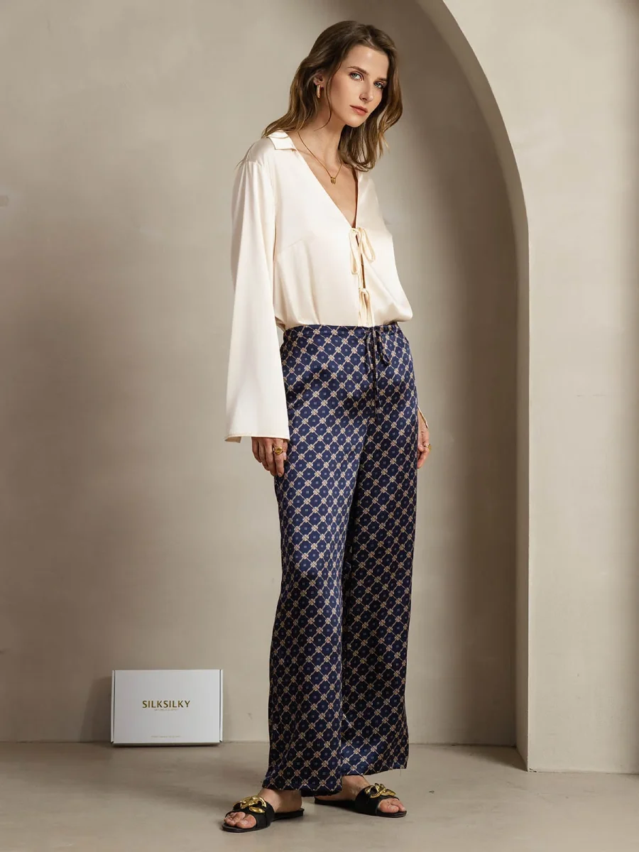 Pantalones De Mujer De Pierna Ancha De Seda 19Momme Azul Marino Con Estampado De Cadenas Y Bolsillos Laterales - Imagen 5