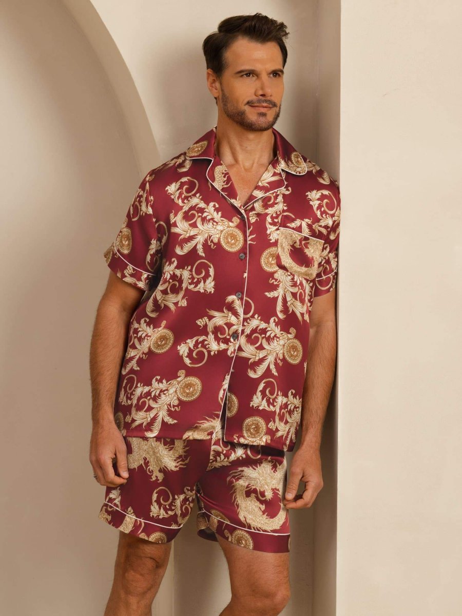 Pure Seda Hombre Estampado Dragón Manga Corta Cuello Notch Conjunto Pijama - Imagen 9