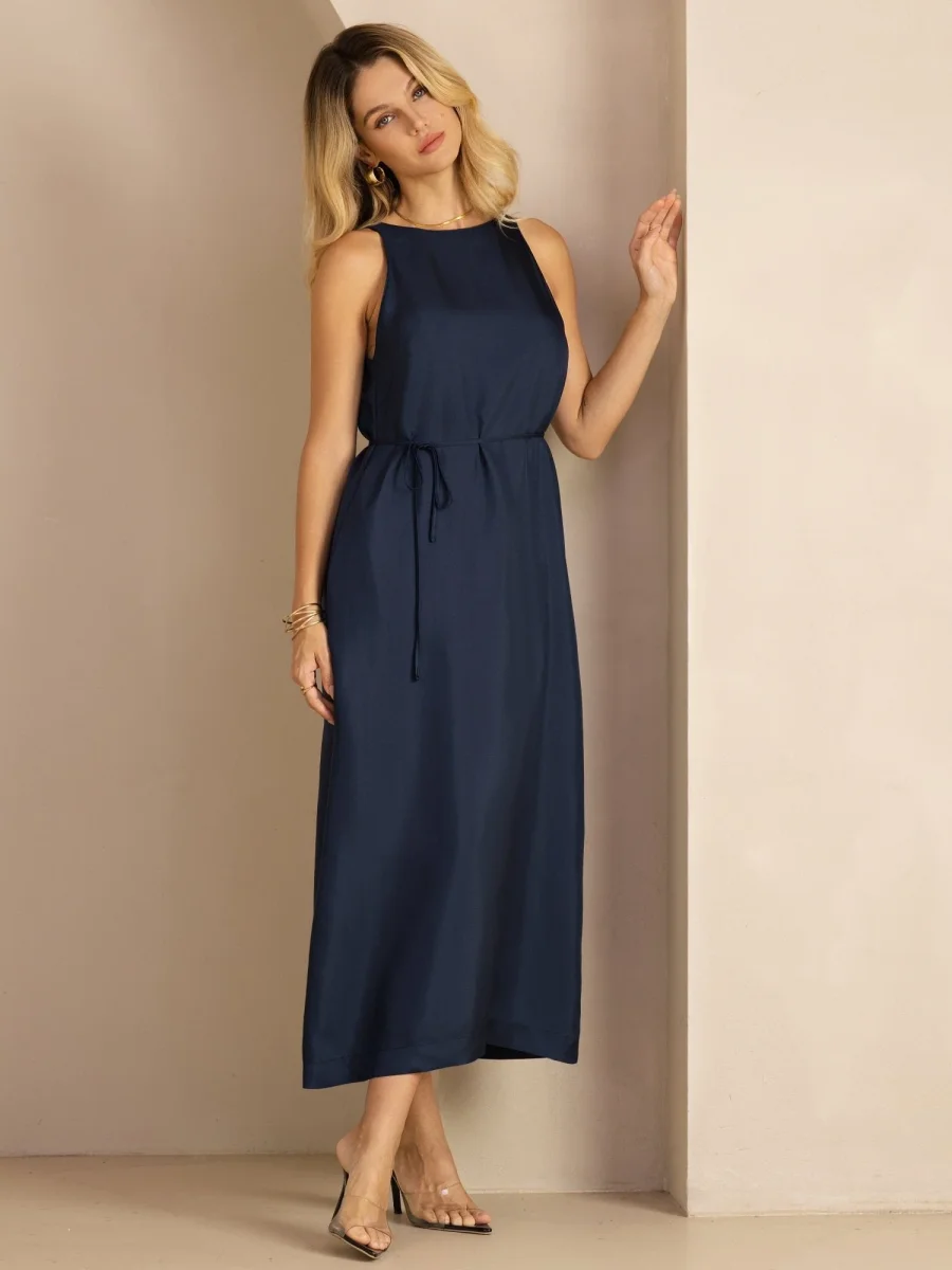 Vestido Midi Sin Mangas De Seda De Morera 100 Por Ciento Con Cuello Redondo Y Cinturón Anudable - Imagen 5