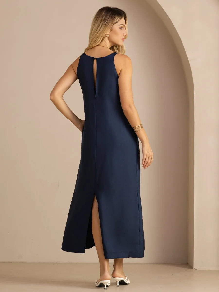 Vestido Midi Sin Mangas De Seda De Morera 100 Por Ciento Con Cuello Redondo Y Cinturón Anudable - Imagen 3
