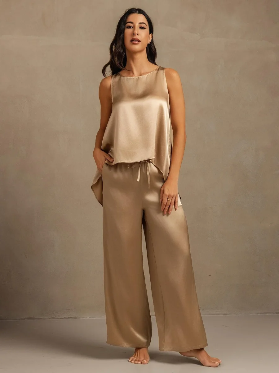 Seda Pura Sin Mangas Escote En U Espalda Descubierta High Low Top Y Pantalón De Pierna Ancha Set - Imagen 8