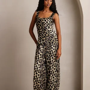 Conjunto De Mujer De Pura Seda Con Estampado De Leopardo – Top De Cuello En U Y Pantalones De Pierna Ancha