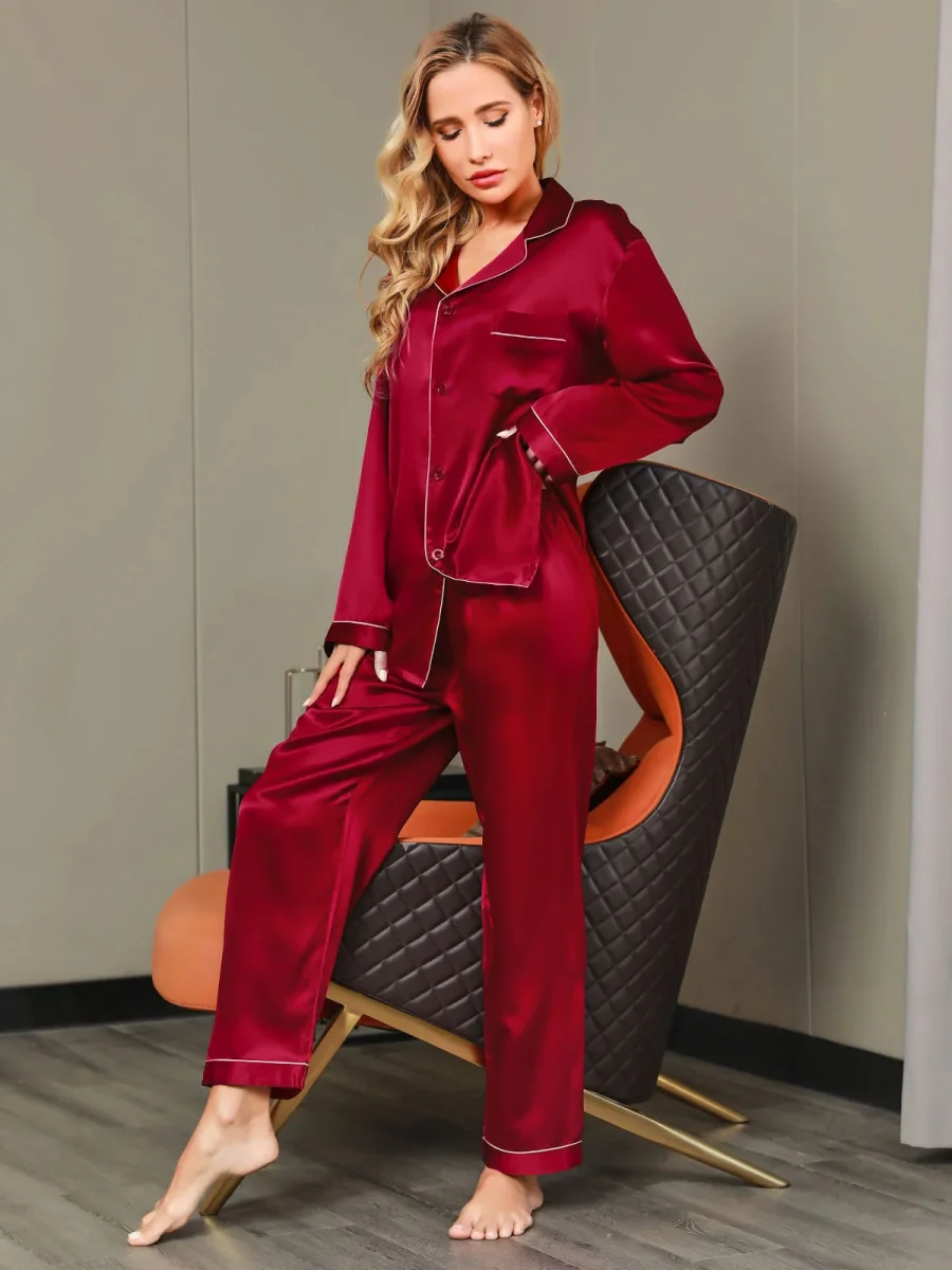 Conjunto De Pijamas De Seda Pura Con Cuello Con Muesca Y Botones - Imagen 7