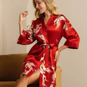 19Momme Seda Pura Kimono Bata Envolvente Con Cinturón para Mujer Estampado de Grulla