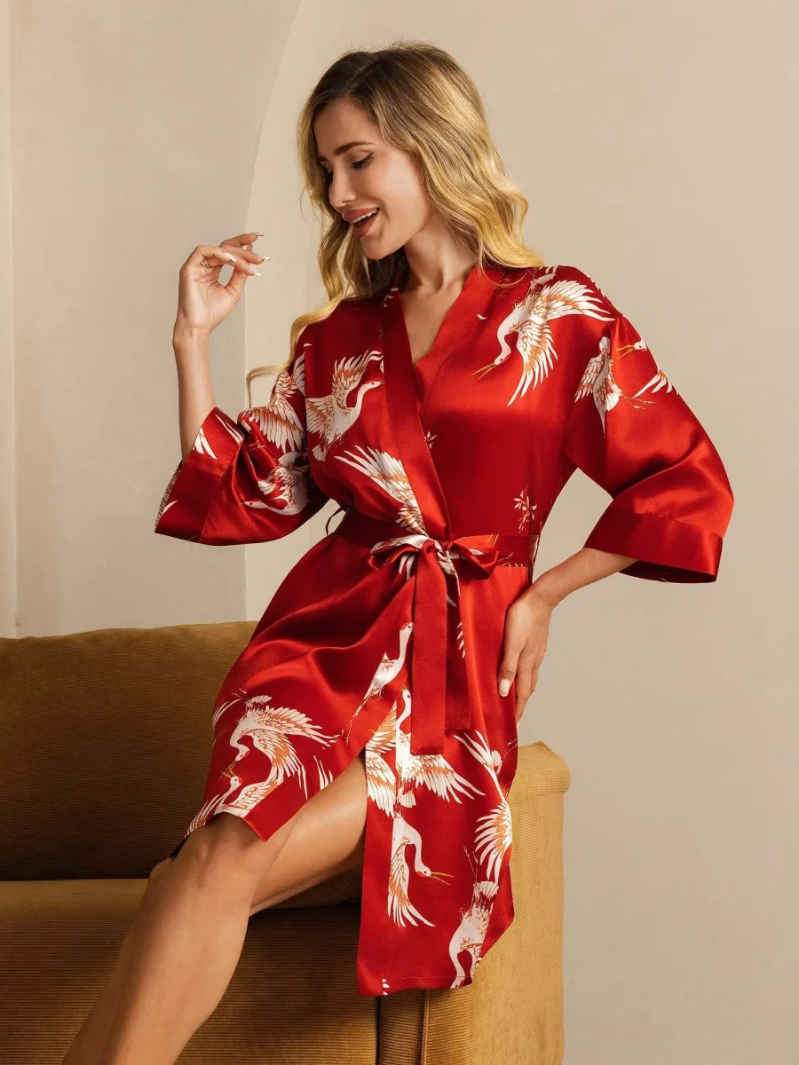 19Momme Seda Pura Kimono Bata Envolvente Con Cinturón para Mujer Estampado de Grulla