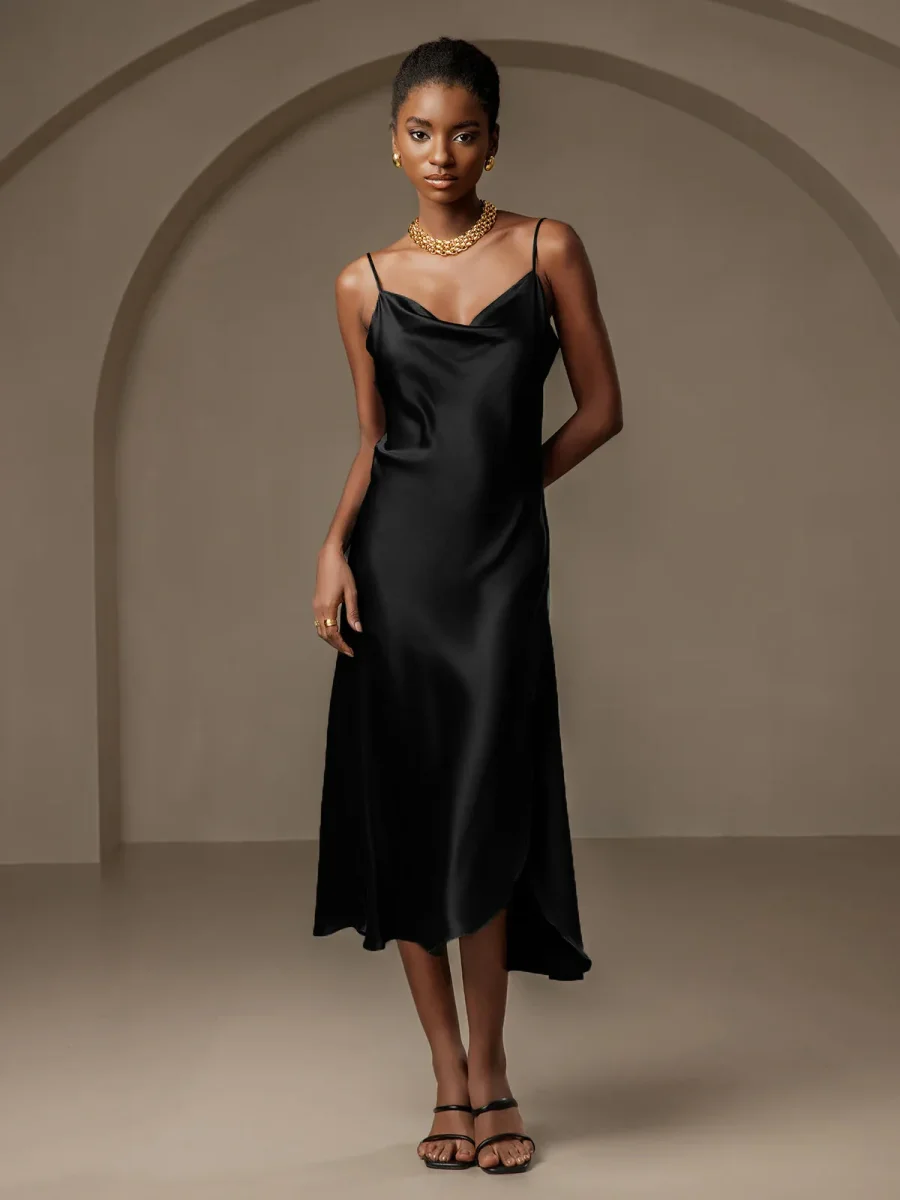 Vestido largo de seda pura con tirantes finos y abertura - Imagen 9