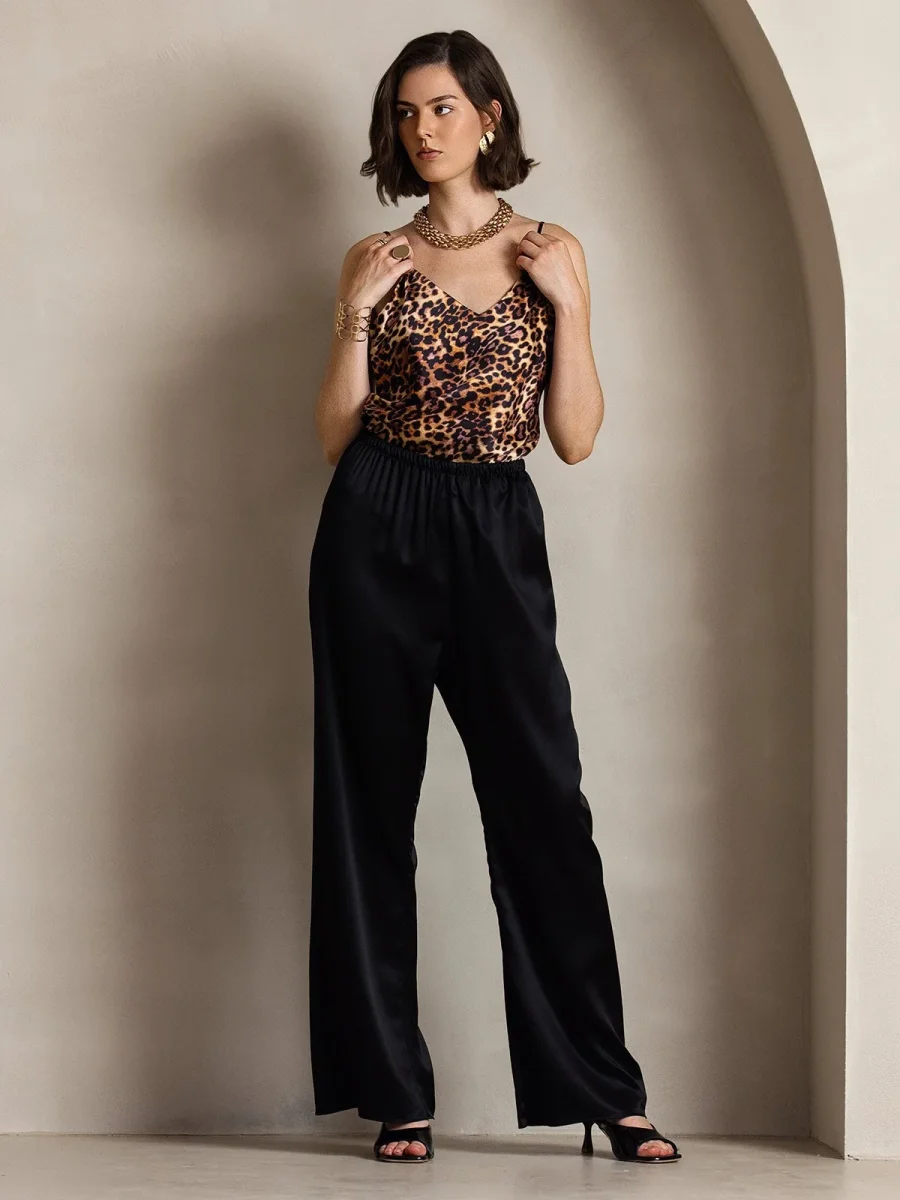 19Momme Pantalones a la Moda de Cintura Alta con Piernas Anchas - Imagen 4