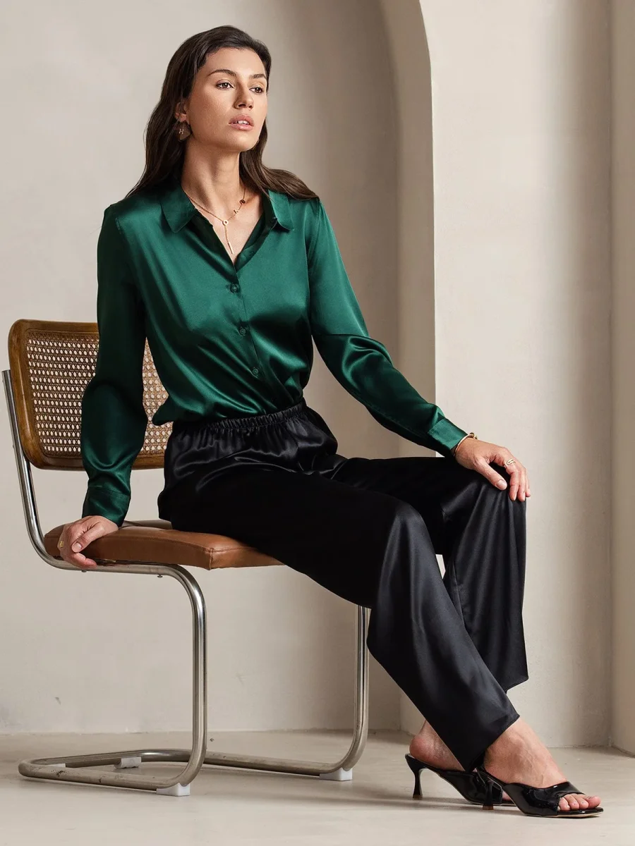 19Momme Pantalones a la Moda de Cintura Alta con Piernas Anchas - Imagen 7