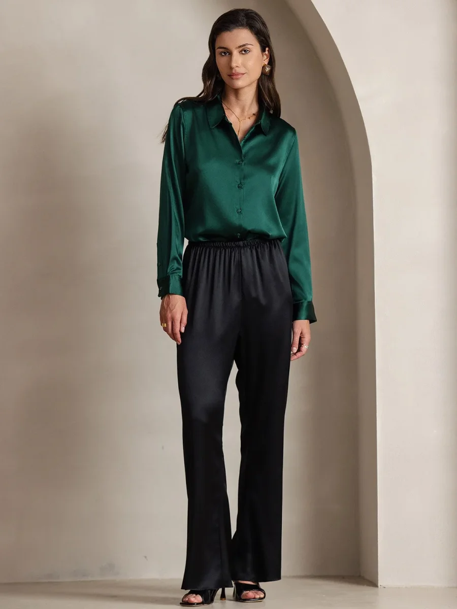19Momme Pantalones a la Moda de Cintura Alta con Piernas Anchas - Imagen 8