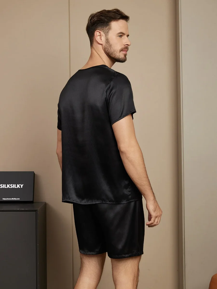 Pijama De Hombre De Pura Seda Con Mangas Cortas Cuello Redondo Y Shorts - Imagen 8