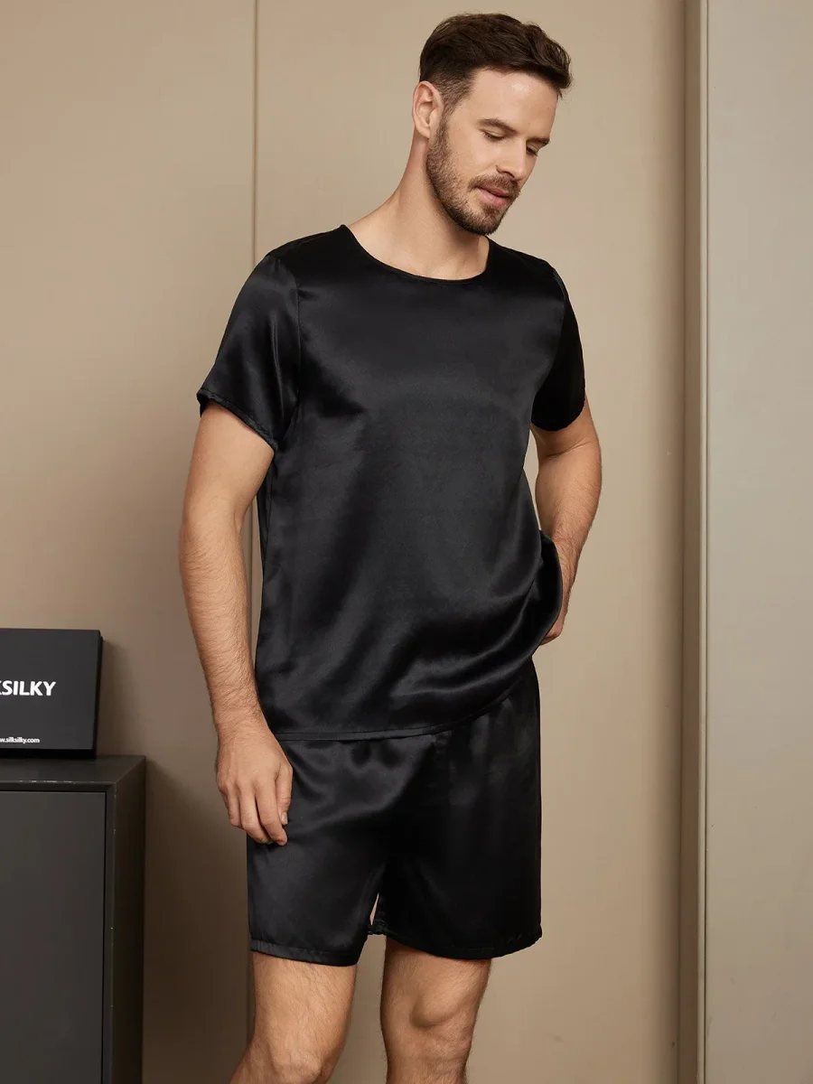 Pijama De Hombre De Pura Seda Con Mangas Cortas Cuello Redondo Y Shorts - Imagen 9