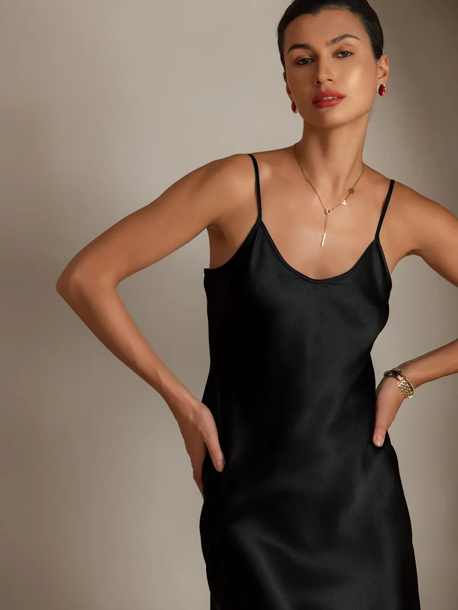 Pure Seda Corto Tirantes Finos Deslizante Vestido - Imagen 4