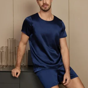 Pijama De Hombre De Pura Seda Con Mangas Cortas Cuello Redondo Y Shorts