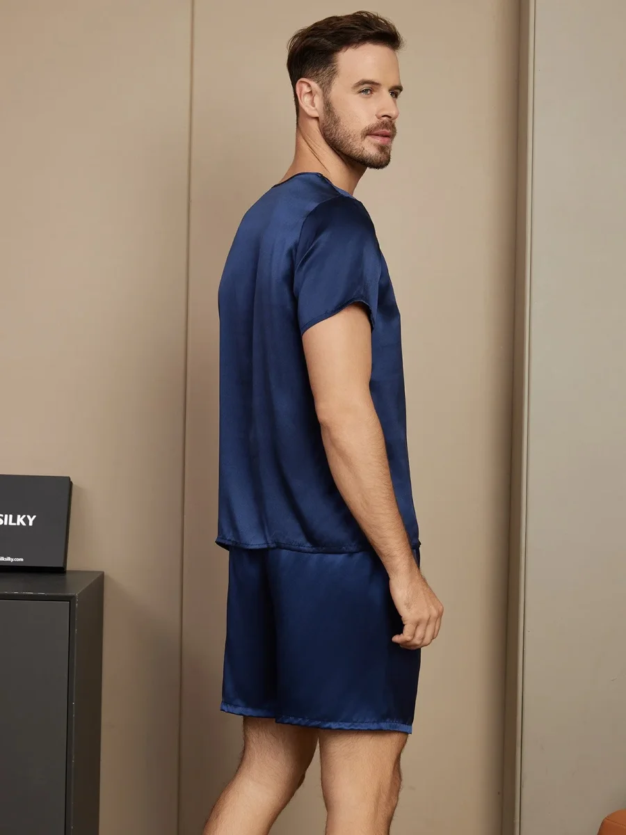 Pijama De Hombre De Pura Seda Con Mangas Cortas Cuello Redondo Y Shorts - Imagen 3