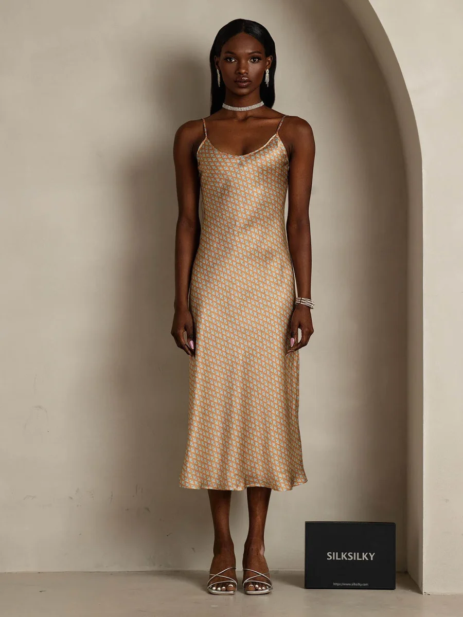 Vestido Midi De Seda Pura Con Estampado Geométrico Tirantes Finos Escote En V - Imagen 6