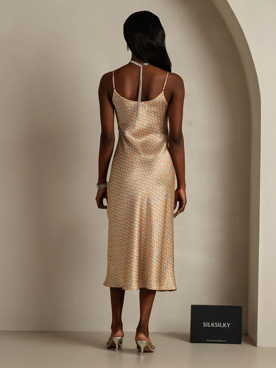 Vestido Midi De Seda Pura Con Estampado Geométrico Tirantes Finos Escote En V - Imagen 3