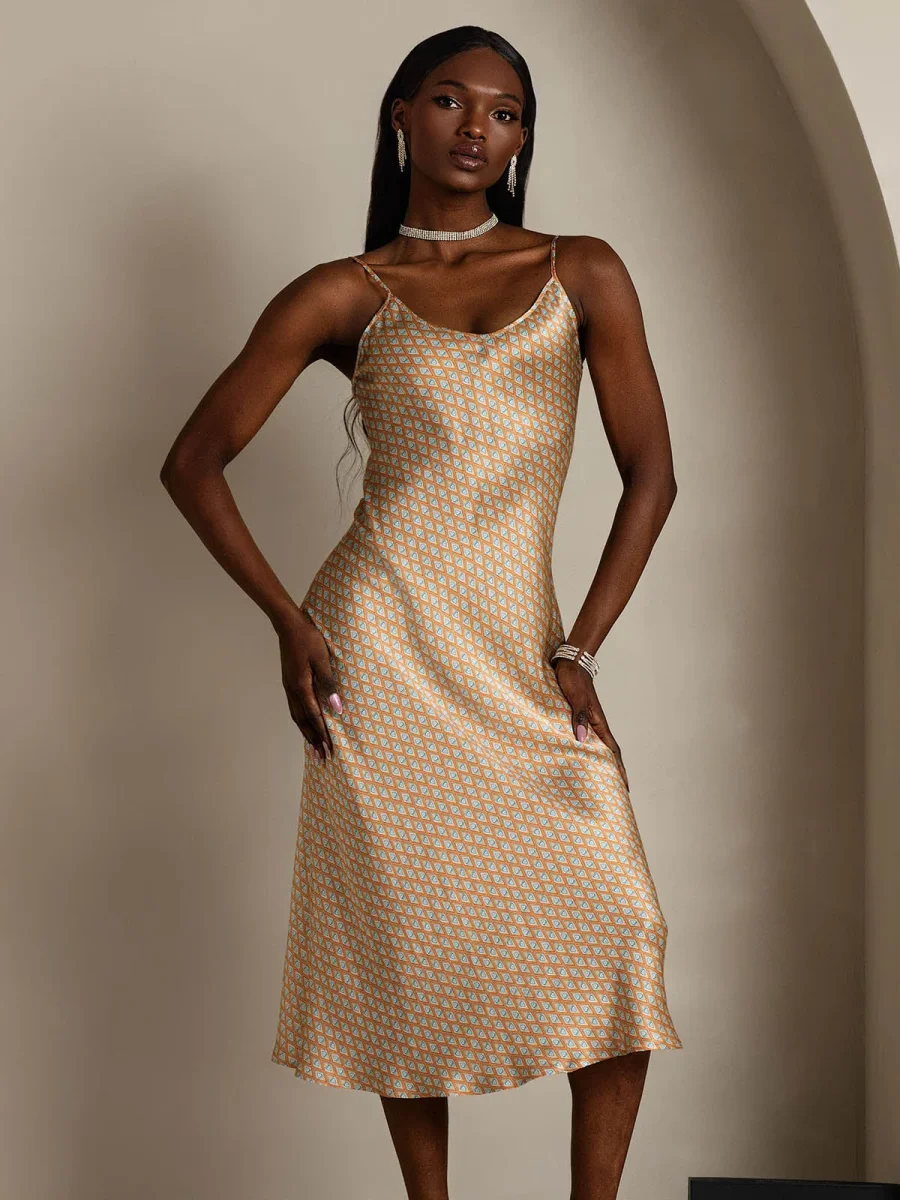 Vestido Midi De Seda Pura Con Estampado Geométrico Tirantes Finos Escote En V - Imagen 4