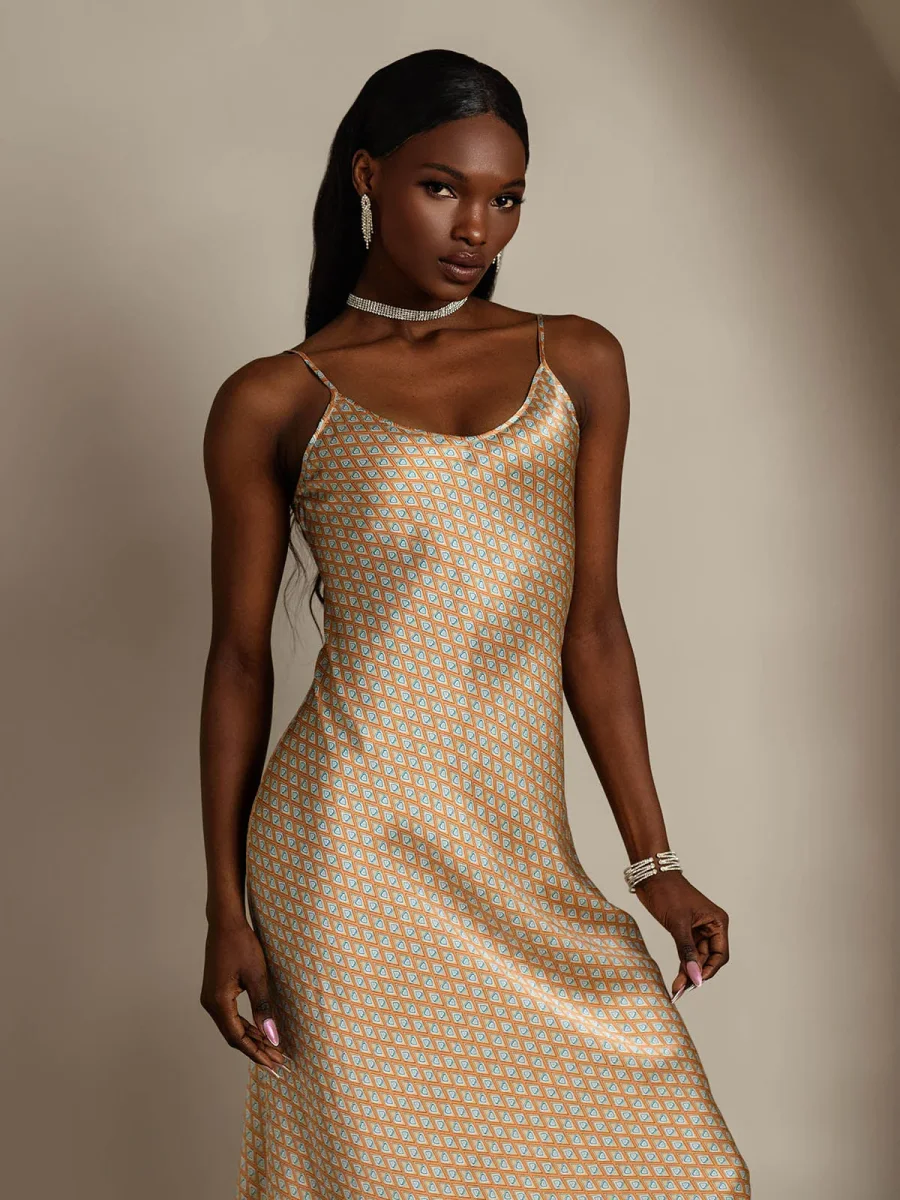 Vestido Midi De Seda Pura Con Estampado Geométrico Tirantes Finos Escote En V - Imagen 5