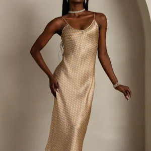 Vestido Midi De Seda Pura Con Estampado Geométrico Tirantes Finos Escote En V