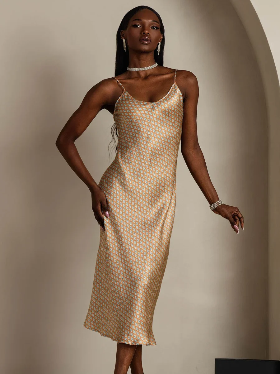 Vestido Midi De Seda Pura Con Estampado Geométrico Tirantes Finos Escote En V - Imagen 2