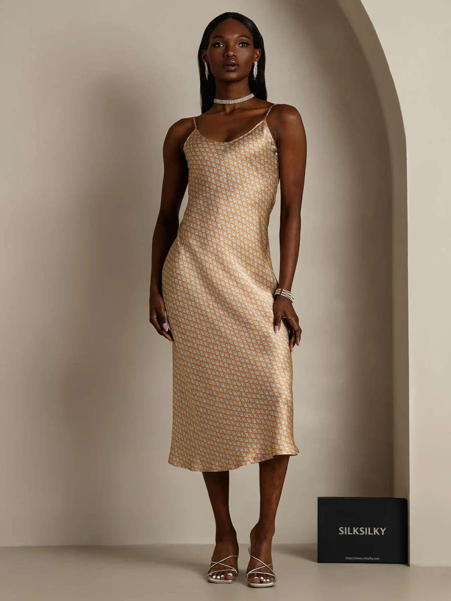 Vestido Midi De Seda Pura Con Estampado Geométrico Tirantes Finos Escote En V - Imagen 7