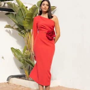 Vestido Invitada Boda | Flecos | Flor | Rojo | Brenne