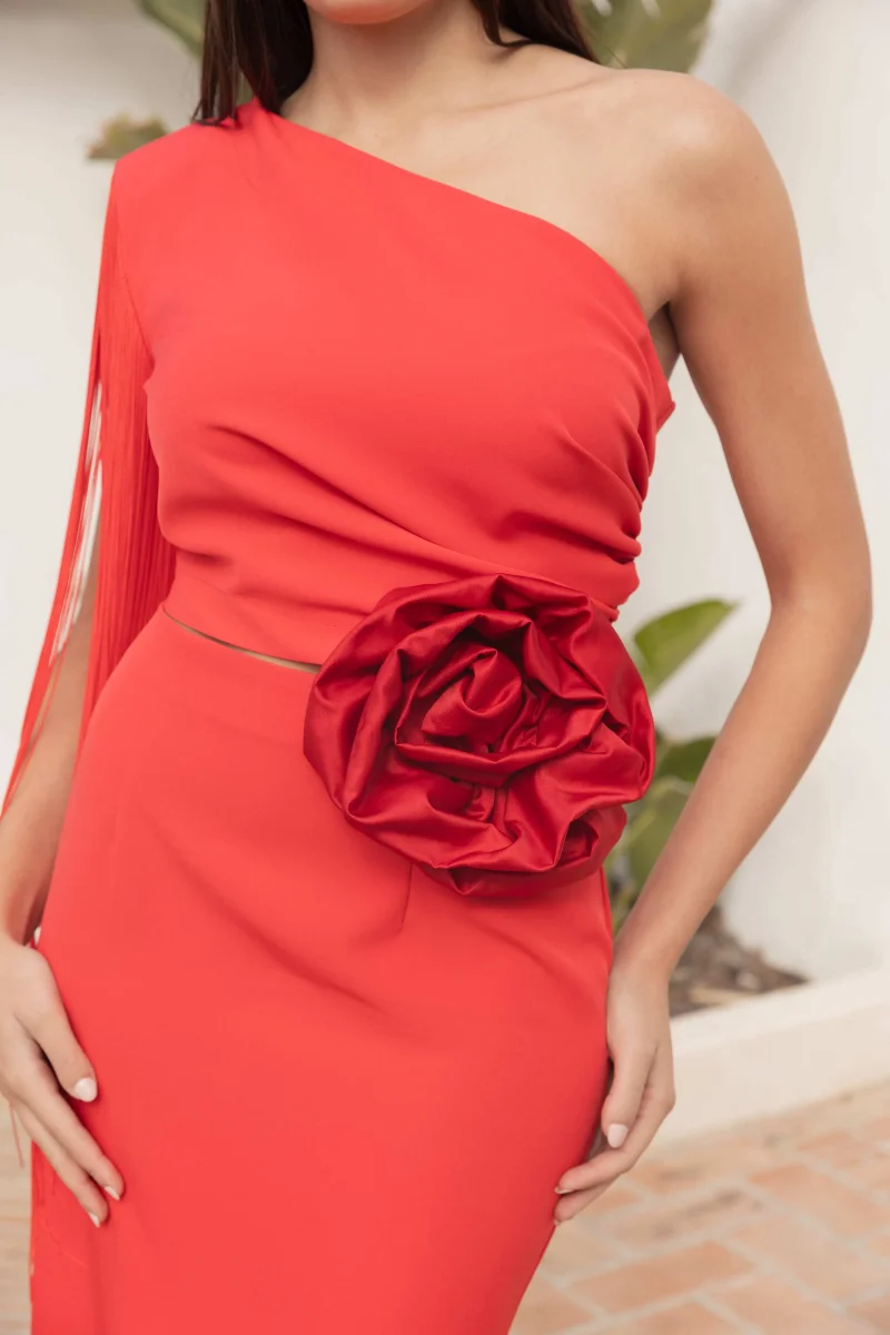 Vestido Invitada Boda | Flecos | Flor | Rojo | Brenne - Imagen 5